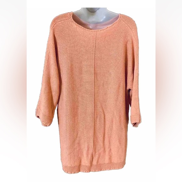 Chico's 2 Size L Large Coral Pink Crew Neck 3/4 Sleeve Knit Sweater Spring Summe - Picture 2 of 9